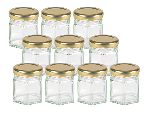 Vitrea 10x Sechskantgläser 47ml inkl. Goldenen Twist-Off Verschluss als Einmachglas, zur Aufbewahrung von Gewürzen oder auch als kleines Honigglas (Gold) von Vitrea