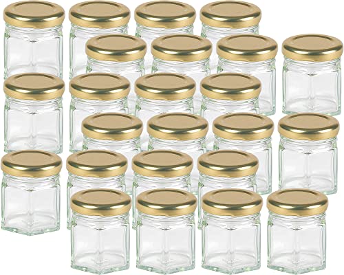 Vitrea 24x Sechskantgläser 47ml inkl. Goldenen Twist-Off Verschluss als Einmachglas, zur Aufbewahrung von Gewürzen oder auch als kleines Honigglas (Gold) von Vitrea