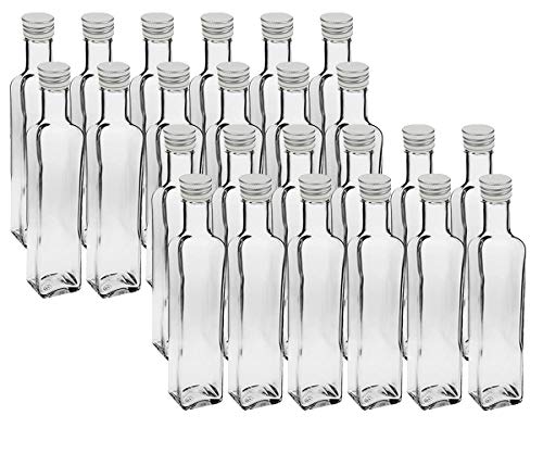36 leere Glasflaschen"Maraska" & ETIKETTEN 250 ml incl. Schraubverschluss, Eckig, zum selbst Abfüllen Likörflasche Schnapsflasche Silber Vitrea von Vitrea