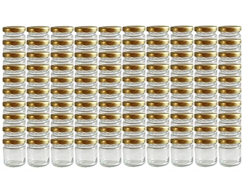 Vitrea 50er Set Einmachgläser mit Schraubdeckel 37 ml 4,3 x 5 cm (ØxH) Sturzgläser Gläser Rundgläser Marmeladengläser Senf (Gold) von Vitrea