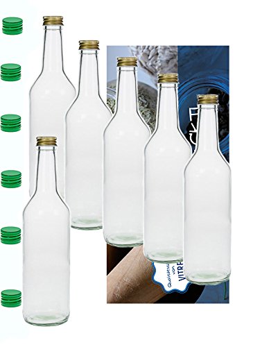 Vitrea 10 Leere Glasflaschen 1000ml 1 Liter Geradh mit Schraubverschluss Grüner Deckel zum Selbstbefüllen von Vitrea