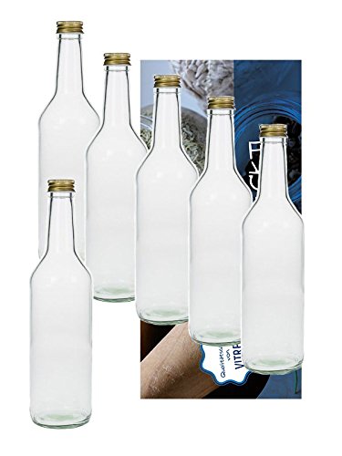 Vitrea 6 Leere Glasflaschen 1000ml 1 Liter Geradh Etiketten mit Schraubverschluss Gold zum Selbstbefüllen von Vitrea