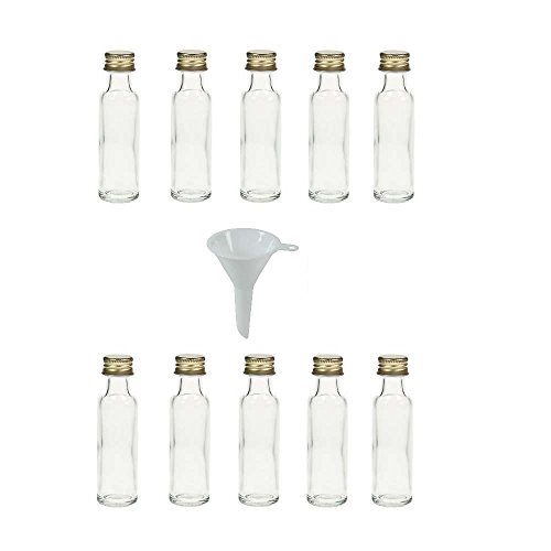 Viva Haushaltswaren - 10 Mini Glasflaschen mit Schraubverschluss / schlanke Form, 20 ml zum Selbstbefüllen inkl. einem Trichter Ø 5 cm, Gold von Viva Haushaltswaren