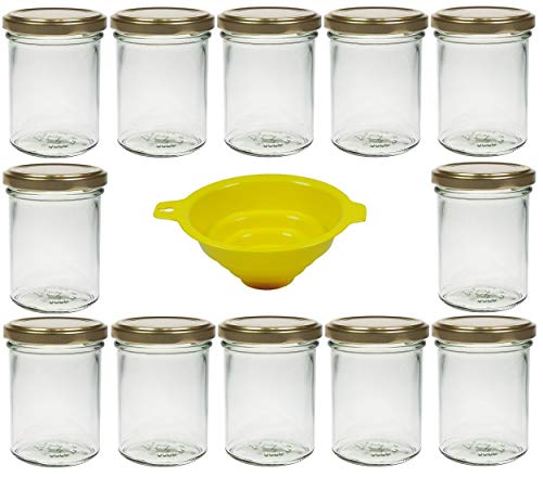 Viva Haushaltswaren - 12 x Marmeladenglas 219 ml mit goldfarbenem Verschluss, runde Sturzgläser als Einmachgläser, Gewürzgläser, Glasdosen etc. verwendbar (inkl. Trichter) von Viva Haushaltswaren
