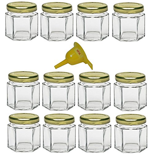 Viva Haushaltswaren - 12 x Mini Einmachglas 47 ml mit goldfarbenem Deckel, sechseckige Glasdosen als Marmeladengläser, Gewürzdosen, Gastgeschenk etc. verwendbar (inkl. Trichter Ø 12,3 cm) von Viva Haushaltswaren