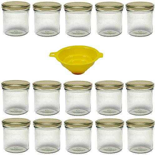 Viva Haushaltswaren - 15 x Marmeladenglas 167 ml mit goldfarbenem Verschluss, runde Sturzgläser als Einmachgläser, Gewürzgläser, Glasdosen etc. verwendbar (inkl. Trichter) von Viva Haushaltswaren