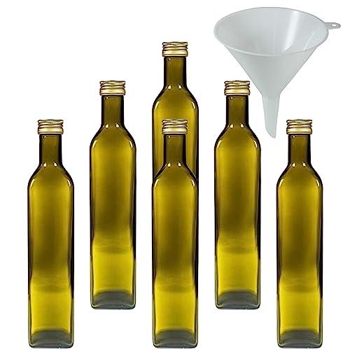 Viva-Haushaltswaren Gabriele Hesse e.K. 6 x braune Glasflasche/Ölflasche 500 ml mit goldfarbenem Verschluss, leere Flaschen als Vorratsbehälter & Essigflasche verwendbar (inkl. Trichter Ø 12 cm), Grün von Viva Haushaltswaren