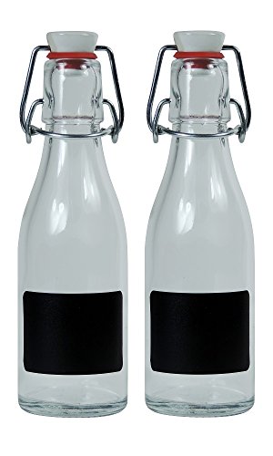 Viva Haushaltswaren - 2 x kleine Glasflasche 200 ml leer mit Bügelverschluss aus Porzellan zum Befüllen, als transparente Saftflasche und Ölflasche verwendbar (inkl. 2 Beschriftungsetiketten) von Viva Haushaltswaren
