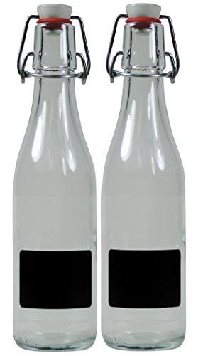 Viva Haushaltswaren - 2 x kleine Glasflasche 330 ml leer mit Bügelverschluss aus Porzellan zum Befüllen, als transparente Saftflasche und Ölflasche verwendbar (inkl. 2 Beschriftungsetiketten) von Viva Haushaltswaren