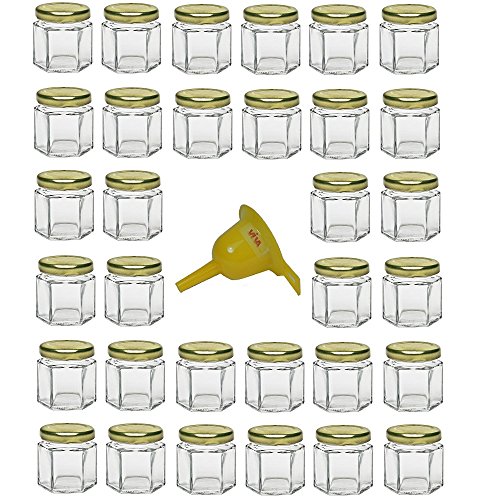 Viva Haushaltswaren - 32 x Mini Einmachglas 47 ml mit goldfarbenem Deckel, sechseckige Glasdosen als Marmeladengläser, Gewürzdosen, Gastgeschenk etc. verwendbar (inkl. Trichter Ø 12,3 cm) von Viva Haushaltswaren