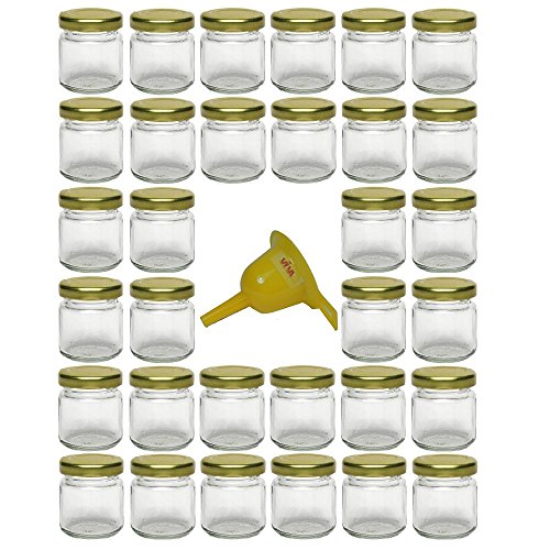 Viva Haushaltswaren- 32 x Mini Einmachglas 53ml mit goldfarbenem Deckel, runde Glasdosen als Marmeladengläser, Gewürzdosen, Gastgeschenk etc. verwendbar (inkl. Trichter Ø 12,3cm) von Viva Haushaltswaren