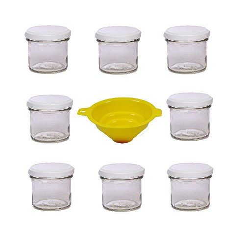 Viva Haushaltswaren - 8 x Marmeladenglas 125 ml mit weißem Verschluss, runde Sturzgläser als Einmachgläser, Gewürzgläser, Glasdosen etc. verwendbar (inkl. Trichter) von Viva Haushaltswaren