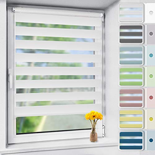 Vkele Doppelrollo Klemmfix ohne Bohren, 85x210cm(BxH) Weiß, Duo Rollos für Fenster und Tür mit Klemmträger, Fensterrollo lichtdurchlässig und verdunkelnd, Zebrarollo Seitenzugrollo Wandmontage von Vkele