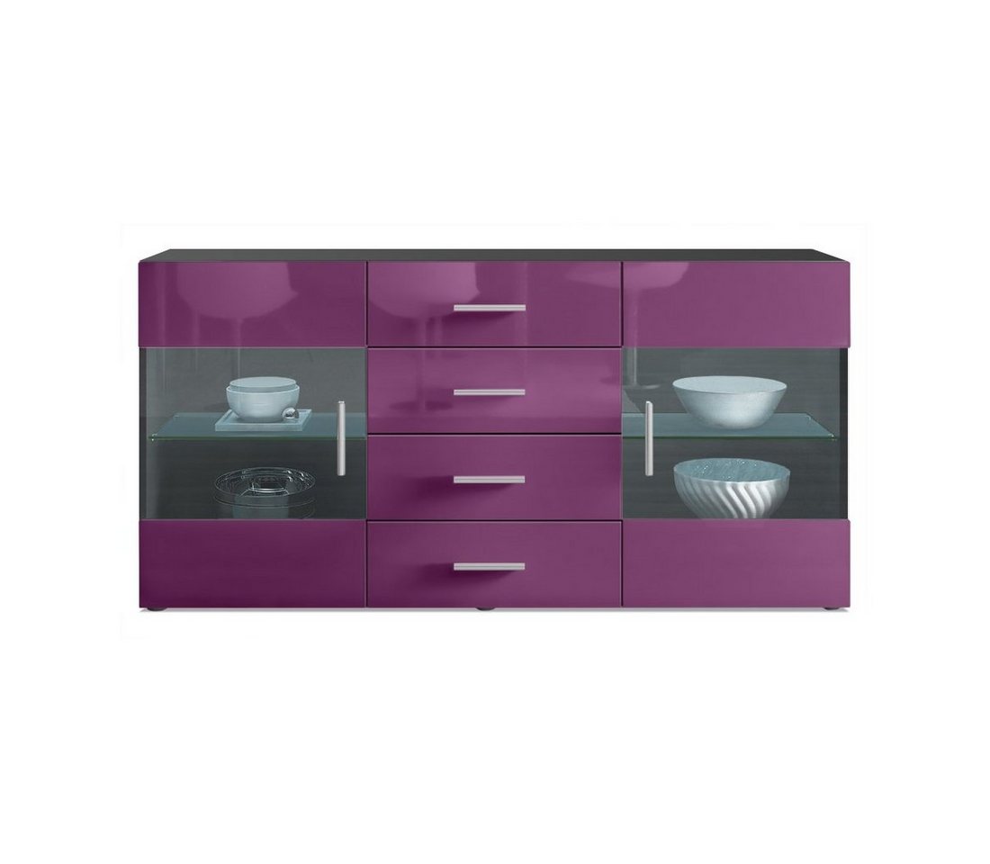 Vladon Sideboard Bari (Kommode mit 2 Türen, 4 Schubladen und 2 flexible Glaseinlegeböden), Schwarz matt/Brombeer Hochglanz (139 x 72 x 35) von Vladon