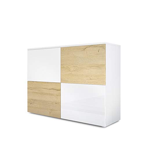 Vladon Sideboard Rova, Made in Germany, Kommode mit 4 Türen, Weiß matt/Weiß Hochglanz/Eiche Natur (92 x 72 x 35 cm) von Vladon