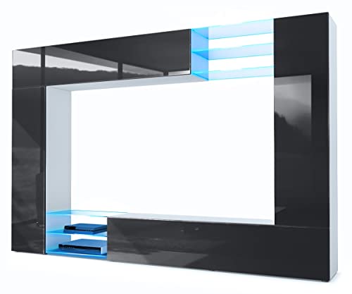 Vladon Wohnwand Mirage, Made in Germany, Anbauwand mit Rückwand mit 2 Türen, 2 Klappen und 6 offenen Glasablagen, Weiß matt/Schwarz Hochglanz, inkl. LED-Beleuchtung(262 x 183 x 39 cm) von Vladon