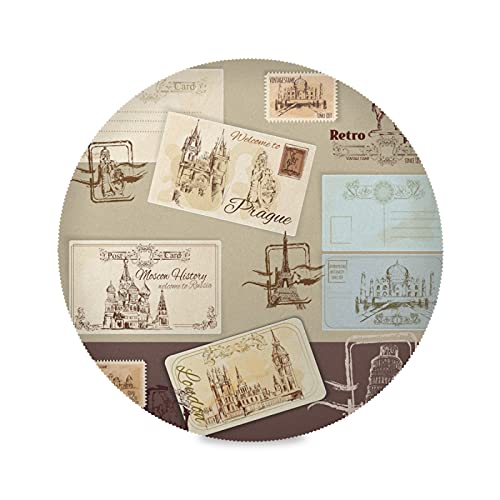 Vintage Postkarten Briefmarke Runde Platzsets Abwaschbar Hitzebeständig Tischsets rutschfest Platzdeckchen für Küche Speisetisch von Vnurnrn