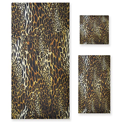 Vnurnrn Goldener Leopard ArtHandtuchset für Badezimmer(1 Badetuch & 1 Handtuch & 1 Waschlappen) Geruchsresistente Handtücher für Mädchen Kinder von Vnurnrn