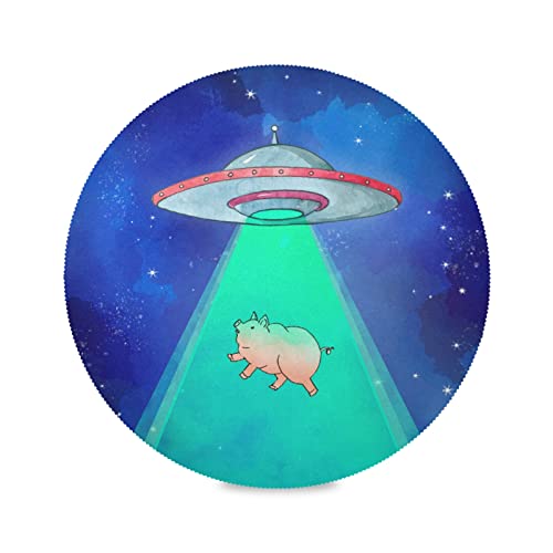 Weltraum süßes UFO Schwein Platzsets Runde Tischsets Abwaschbar 1/4/6 Set， Hitzebeständig Platzdeckchen 39cm für Heim Speisetisch Küche von Vnurnrn