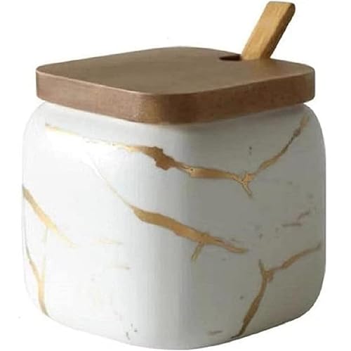VollfitYYu Gewürzdose Zukerdose aus Keramik,Marmor Optik Salzdose 360ml Küche Gewürzbehälter mit Löffel und Deckel für Zucker Salz Gewürze Tee (Weiß) von VollfitYYu