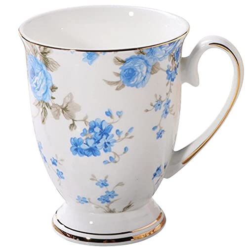 VollfitYYu Kaffeetasse Kaffeebecher aus Porzellan,300ml Keramiktasse Blumenmotiv Teetasse mit Griff Milchbecher Kakaobecher Muslitasse Für Zuhause Büro Café (Blau-Rosenblumen) von VollfitYYu