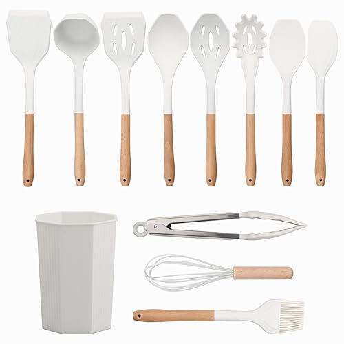 Volumoon 12-Teilig Küchenhelfer Set, Silikon Kochgeschirr Set, Hitzebeständiges, Antihaft, Silikon Spachtel mit Holzgriff, Küchenutensilien, Küchengerät Inkl Löffel, Tongs, Schneebesen, Spatel (Weiß) von Volumoon