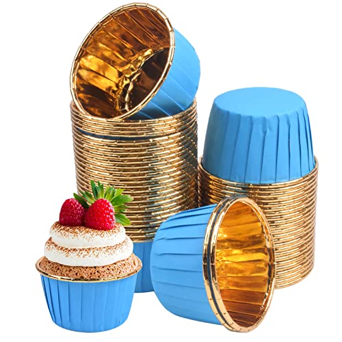 Volumoon 50 Stück Aluminiumfolie Cupcake,Wasserdicht und Ölfest Backförmchen papier,Metallic Cupcake Backformen,Muffin Cupcake Formen,für Hochzeiten,Geburtstage,Partys,Andere Themenfeiern (Blau) von Volumoon