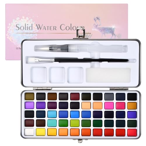 Volumoon Aquarellfarben Set, Inklusive 50 Lebendige Farben + 1 Pinsel + 1 Wassertankpinsel in Tragbarer Box, Wasserlöslich und Gut Mischbar Aquarell-Farben-Set, Perfekt für Anfänger und Profis von Volumoon