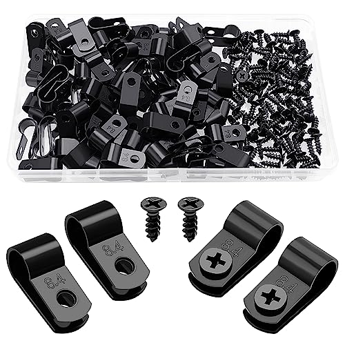 VooGenzek 100 Stück 8.4mm (5/16 Zoll) Nylon R-Type Kabelhalter, R Typ Cable Clip Drahtklemme mit 100 Stück Schrauben, für Drahtmanagement (Schwarz) von VooGenzek