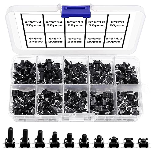 VooGenzek 200 Stücke 10 Werte Micro Momentary Taktilen Druckschalter, 6×6mm Taktiler Drucktastenschalter, Button Micro Tactile Switch Kit, Schwarz von VooGenzek