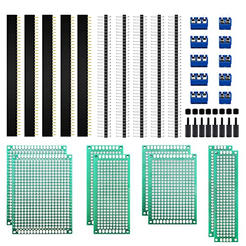VooGenzek 36 Stück PCB Board Kits, 8 Stück Doppelseitige Leiterplatten Prototypkarten + 10 Stück Male/Female Header Connector + 10 Stück 2/3Pin Schraubklemme + 8 Stück Nylonsäule von VooGenzek