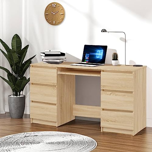 Vopese Schreibtisch mit 6 Schubladen Bürotisch Computertisch Schülerschreibtisch Büroschreibtisch Arbeitstisch Möbel Sonoma-Eiche 140x50x77 cm Holzwerkstoff von Vopese