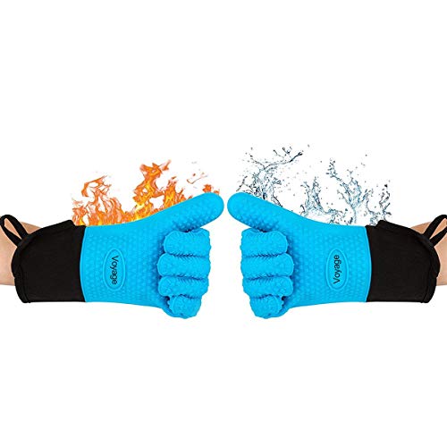 VOYAGE Premium Ofenhandschuhe (2er Set) bis zu 350°C - Silikon Extrem Hitzebeständige Grillhandschuhe BBQ Handschuhe zum Backen, Barbecue, Extra lange Topfhandschuhe für extreme Sicherheit (Blau) von Sundeer