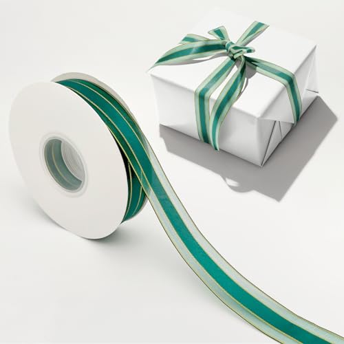 Grün Geschenkband, Geschenkband Stoffband mit Goldverzierung,Grün Band Rolle Organzaband(2.5cm/45m) von Vsosfiza