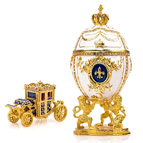 Vtry Dekorative russische Fabergé-Ei-Nachbildung: extra groß, 16,8 cm, handbemalte Schmuckkästchen für die ultimative Heimdekoration, kommt mit Fabergé-Kutschen-Nachbildung (weiß) von Vtry