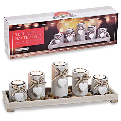 Belladecora Teelichthalter-Set (6-teilig) auf Tablett aus Holz mit Steinen (B/H/T) 38x12x11cm grau von Vypearlz