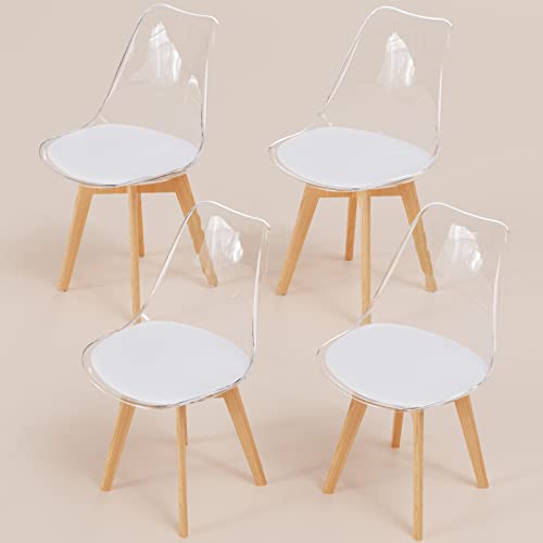 WAFTING 4er Set Esszimmerstühle mit transparenter Rückenlehne, weißem Kissen und Buchenholzbeinen für Esszimmer, Schlafzimmer, Wohnzimmer und Konferenzraum… von WAFTING