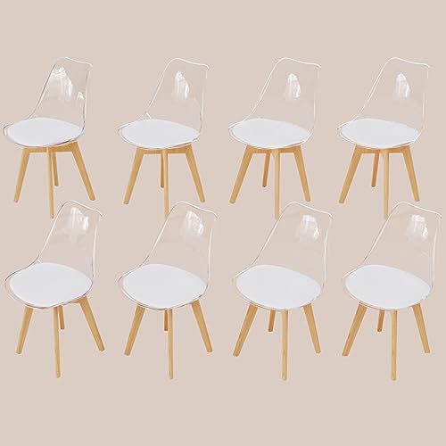 WAFTING 8er Set Esszimmerstühle mit transparenter Rückenlehne, weißem Kissen und Buchenholzbeinen für Esszimmer, Schlafzimmer, Wohnzimmer und Konferenzraum von WAFTING