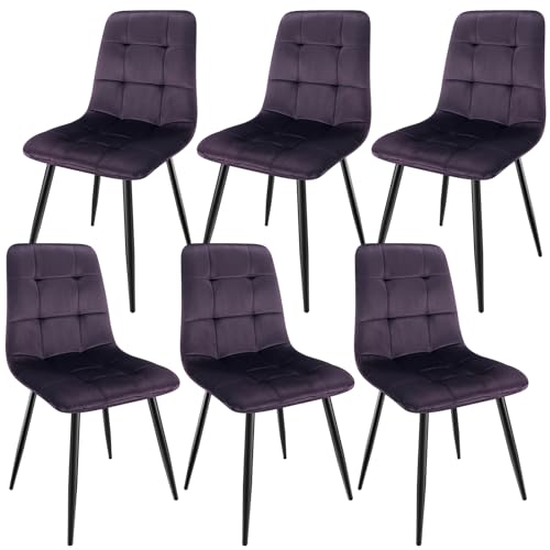 WAFTING Esszimmerstühle 6er Set, gepolsterter Stuhl mit hoher Rückenlehne und holländischem Samtdesign, Esstischstühle mit Metallfuß, für Esszimmer, Wohnzimmer und Empfangsraum, Dunkelviolett von WAFTING