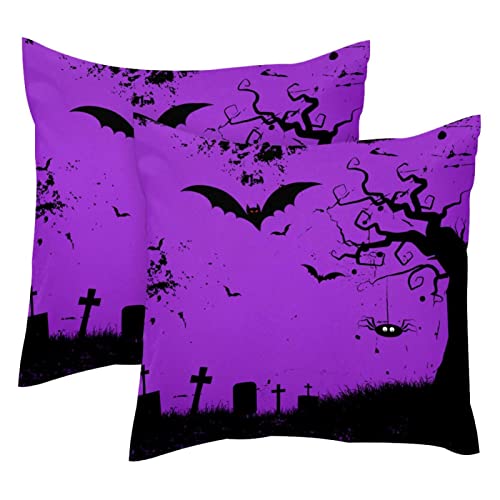 Lila Halloween Fledermäuse Baum Grab, 2 Stück, Wurfkissenbezüge, weicher Samt-Kissenbezug, modern, dekorativ, doppelseitig, Kissenbezug, 50 x 50 cm (Kissen nicht im Lieferumfang enthalten) von WALLDOR