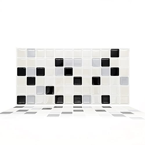 WALPLUS 12 Stück 30.5x15.4cm Klassisches schwarz-weißes Mosaik Schwarz Weiß 3D-Fliesenaufkleber Abziehen und Aufkleben Backsplash Abziehbilder Startseite Dekore Aufkantung für Küche Badezimmer Kacheln von WALPLUS