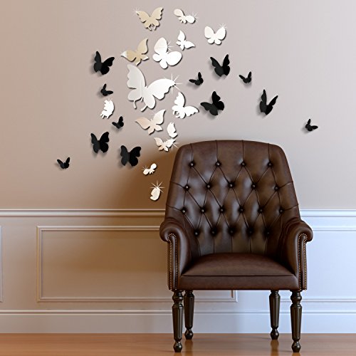 Walplus WSM2057 14 Spiegel-Schmetterlinge plus WS1008 WALPLUS 3D-Wandkunst, schwarz, für Kinderzimmer, Büro, Heimdekoration von WALPLUS