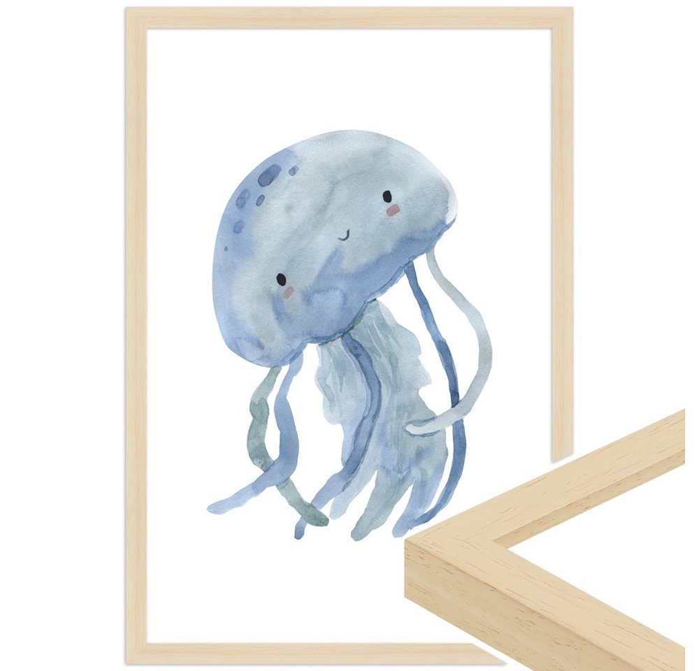 WANDStyle Bild mit Rahmen Qualle, Aquarell Poster für Kinderzimmer von WANDStyle
