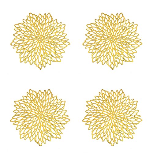 4 Stück dekorative Blumen-Tischsets runde PVC-Tischsets Platzsets hitzebeständig rutschfest Esszimmer-Tischsets Tischsets für Zuhause Küche (Gold) von WANGCL