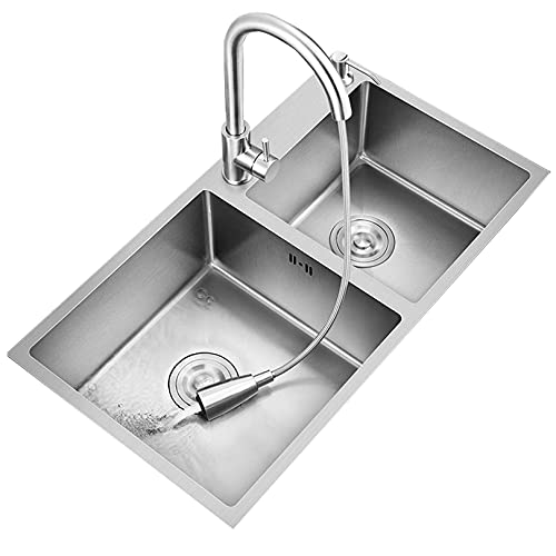 Küchenspüle Double Bowl - SUS Edelstahl - Drop in Spüle mit dehnbarem Wasserhahn, Modern Home Rectangular Sinks (78x43cm) von WANGXLGD