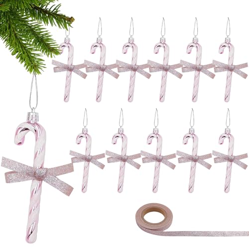 WANYI 12 Stück Weihnachts-Glitzer-Zuckerstangen mit 9,1 m Band, Weihnachts-Süßigkeitenstange, hängende Ornamente für Weihnachten, Neujahr, Partyzubehör (rosa) von WANYI