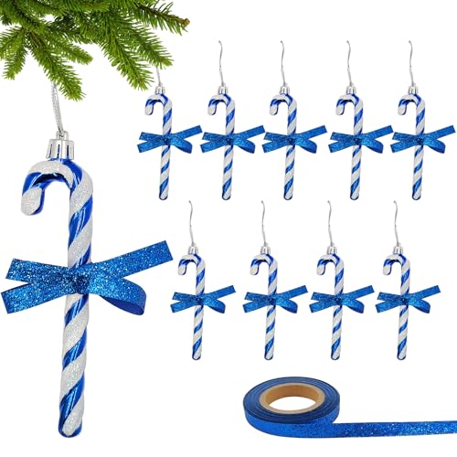 WANYI 12 Stück Weihnachts-Glitzer-Zuckerstangen mit 9,1 m langem Band, Weihnachts-Süßigkeitenstange, hängende Ornamente für Weihnachten, Neujahr, Partyzubehör (blau) von WANYI