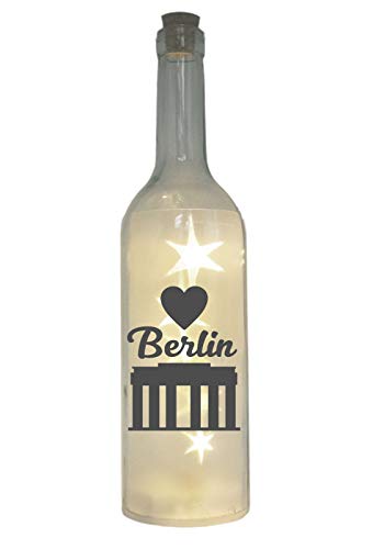 WB wohn trends LED-Flasche mit Motiv, Berlin Brandenburger Tor Herz, grau, 29cm, Flaschen-Licht Glitzer-Flasche Leuchtflasche Lampe mit Text Spruch Stadt von WB wohn trends