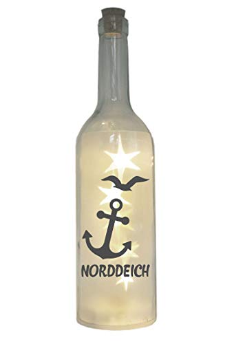 WB wohn trends LED-Flasche mit Motiv, Norddeich mit Anker Möwe, grau, 29cm, Flaschen-Licht Glitzer-Flasche Leuchtflasche Lampe mit Text Spruch von WB wohn trends