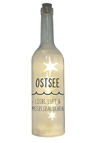 WB wohn trends LED-Flasche mit Motiv, Ostsee Liebe Luft Meeresrauschen, 29cm, Flaschen-Licht Glitzer-Flasche Leuchtflasche Lampe mit Text Spruch maritim von WB wohn trends